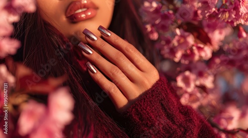 Close up of a woman's hand with long metallic chrome nails wearing a burgundy sweater, surrounded by spring cherry blossoms in soft sunlight.