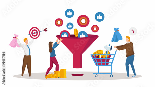 People celebrating business success with funnel of coins and likes