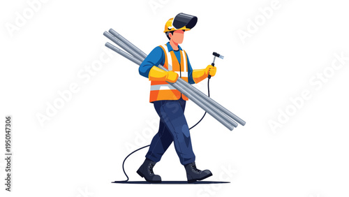 Welder at Work: A skilled welder carries metal rods, poised to create strong and durable structures, embodying the dedication and expertise of this essential trade.