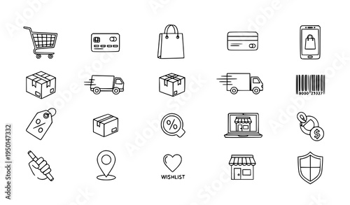 Hand drawn e commerce online shopping doodle icon set with cart payment delivery and mobile store outline symbols