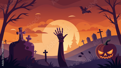 Halloween graveyard scene vector illustration