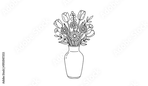 Flowers in vase contour doodle illustration with elegant floral line art for postcards stickers and notebook design