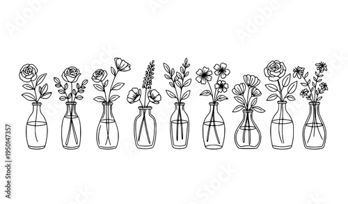 Cute flowers in vase doodle contour set with simple black line floral illustrations for stationery design