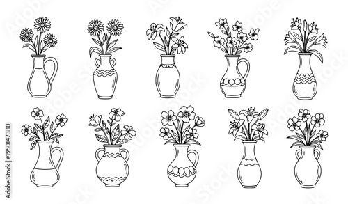 Hand drawn flowers in decorative vase contour doodle collection black and white floral line clipart set