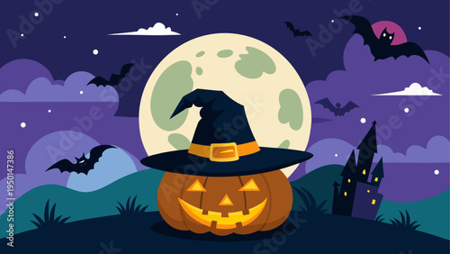 Halloween background with jack-o-lantern, witch hat, bats and full moon