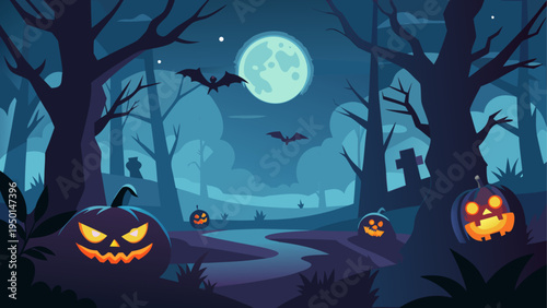 Halloween vector illustration with pumpkins and bats