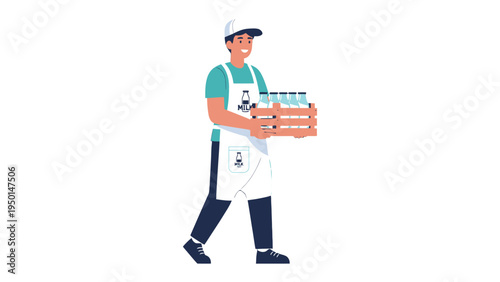 Delivery Man with Milk Bottles: A friendly delivery man strides purposefully, carrying a wooden crate filled with fresh milk bottles, embodying service and reliability.
