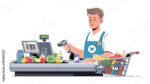Check Out at the Store: A cashier scans groceries at the checkout counter, surrounded by fresh produce and everyday items in a vibrant grocery store.