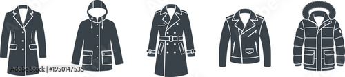 Professional Men's Outerwear Icon Set Featuring Classic Overcoats Winter Parkas Trench Coats Leather Jackets and Hooded Raincoats Silhouettes
