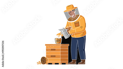 The Beekeeper's Art: A dedicated beekeeper, clad in protective gear, carefully tends to the honeybees and their hive, showcasing the craft of apiculture.