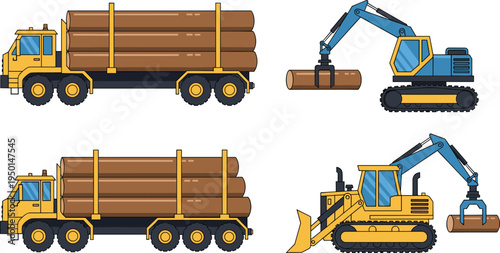 Heavy Machinery Logging Set Featuring Yellow Timber Trucks and Hydraulic Log Loaders with Grapples for Industrial Wood Harvesting and Forestry Operations.