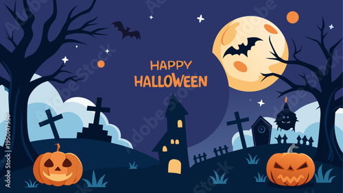 Halloween background with pumpkins and spooky night scene