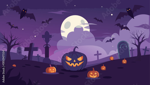 Halloween graveyard scene with pumpkins and bats vector