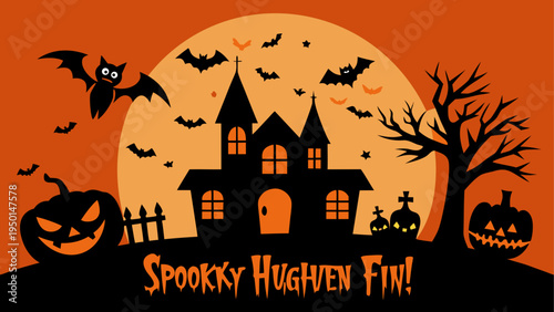Halloween vector illustration with haunted house and spooky elements