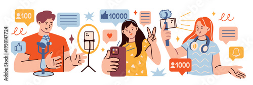 Video bloggers with camera and smartphone in hands. Trendy streamer character set with subscribers, likes and live broadcast elements for social media branding.
