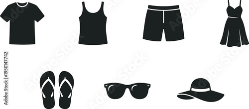 Professional Summer Fashion and Beachwear Icon Set Featuring T-shirts Tank Tops Shorts Sundresses Flip Flops Sunglasses and Sun Hats Silhouettes
