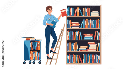 Librarian's Literary Haven: A librarian organizes and arranges books on a tall bookshelf, embodying the essence of knowledge and learning.