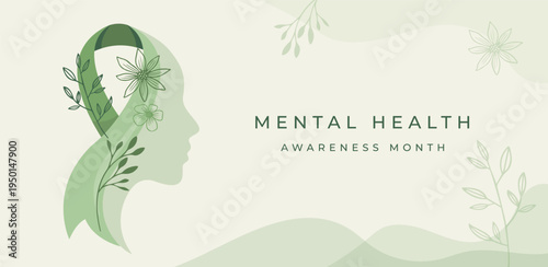 World Mental Health day, concept design with abstract human head profile, flowers and ribbon