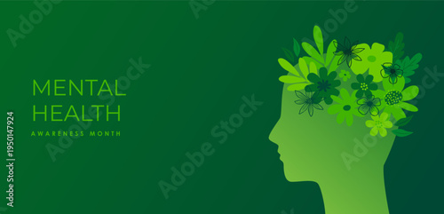 World Mental Health day, concept design with abstract head profiles, green ribbon and flowers