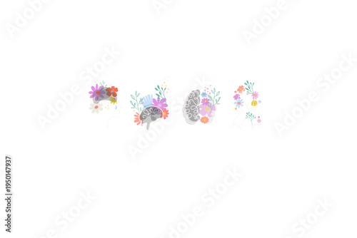 Mental Health Awareness day and month. Ribbon, brain and human head with flowers.