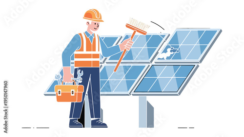 Solar Panel Technician at Work: An essential worker diligently cleans a set of solar panels with professional tools, representing renewable energy
