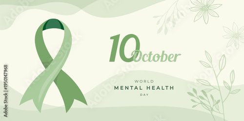 World Mental Health day, concept design with abstract human head profile, flowers and ribbon