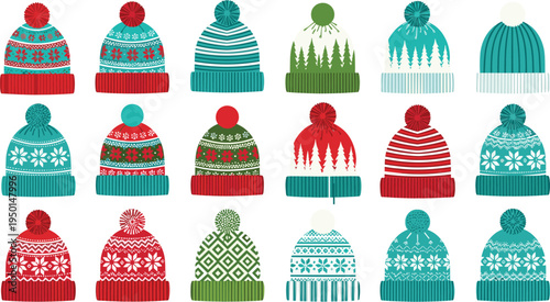 Set of colorful winter knitted hats with pompons patterns including snowflakes pine trees and stripes isolated on a white background