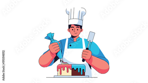Master Chef's Sweet Creation: A skilled chef meticulously decorates a delectable cake with precision, showcasing the artistry and passion behind the culinary craft.