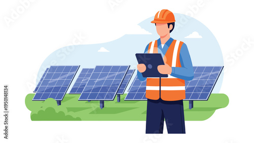 Renewable Energy Inspector: An inspector assesses solar panels in a sunlit field, symbolizing the potential of sustainable power sources.