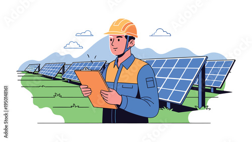 Energy Efficiency Inspection: A dedicated professional meticulously inspects an expansive solar panel array, embodying commitment to sustainable energy and technological advancement.