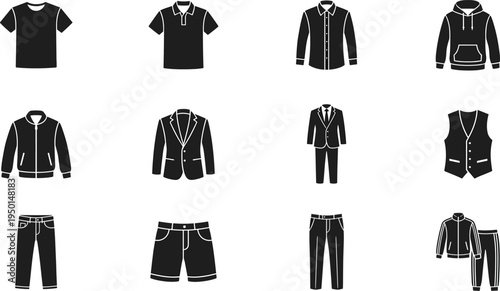 Professional Men's Fashion and Apparel Icon Set Featuring T-shirts Polo Shirts Formal Suits Hoodies Jackets Trousers and Casual Outfits Silhouettes
