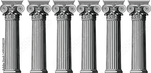 Set of six classical greek composite columns with ionic volutes and corinthian acanthus leaf capitals on isolated white background vector.