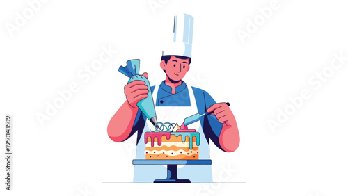 Pastry Chef's Masterpiece: A skilled pastry chef meticulously decorates a vibrant, multi-layered cake, bringing a touch of artistry to the culinary world, crafting a delicious and beautiful treat.