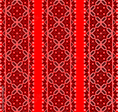 Vector set of traditional Ukrainian embroidery border ornaments inspired by vyshyvanka patterns. Ethnic textile design with geometric folk motifs in red and black colors