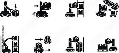 Professional Warehouse Automation Icon Set Featuring Autonomous Robots Robotic Arms Parcel Handling Smart Logistics and Industrial Storage Silhouettes