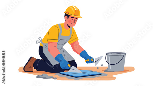Craftsman at Work: A skilled craftsman, clad in a protective hardhat and gloves, meticulously lays tiles. the scene embodies precision and dedication