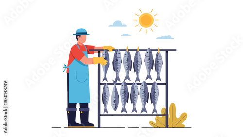 Fishing's Bounty: A fisherman tends to freshly caught fish, drying them under the warm sun, a symbol of livelihood and culinary delight.