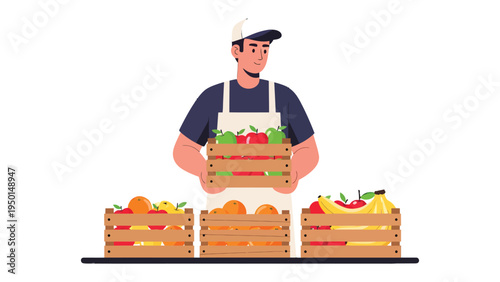 Farmer with fresh harvest: An illustration of a farmer holding crates brimming with freshly harvested fruits and vegetables. a person's pride in delivering quality produce