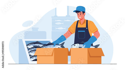 Fishmonger at Work: A diligent fishmonger carefully arranges freshly caught fish into cardboard boxes, representing a core element of the seafood business, emphasizing freshness and quality.