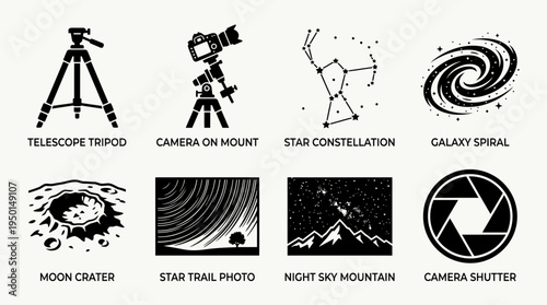 Astronomy Vector Silhouette Icon Set Featuring Telescope, Astrophotography Camera, Constellation, Galaxy, Solar Satellite, Star Trails, Night Sky, and Camera Aperture for Space and Design Use