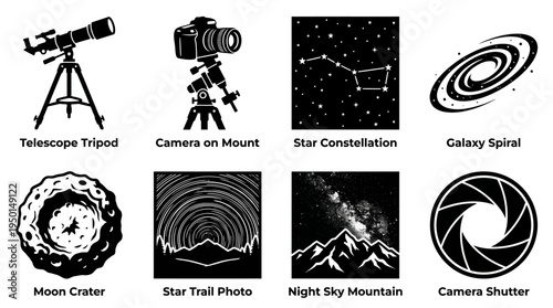 Astronomy Vector Silhouette Icon Set Featuring Telescope, Astrophotography Camera, Constellation, Galaxy, Solar Satellite, Star Trails, Night Sky, and Camera Aperture for Space and Design Use