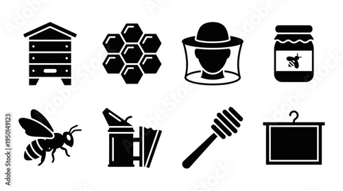 Beekeeping Vector Silhouette Icon Set Featuring Beehive, Honeycomb, Protective Hat, Honey Jar, Bee, Smoker, Honey Dipper, and Hive Frame for Agriculture and Design Use
