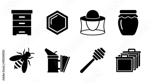Beekeeping Vector Silhouette Icon Set Featuring Beehive, Honeycomb, Protective Hat, Honey Jar, Bee, Smoker, Honey Dipper, and Hive Frame for Agriculture and Design Use