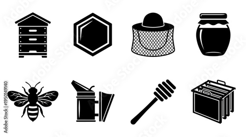 Beekeeping Vector Silhouette Icon Set Featuring Beehive, Honeycomb, Protective Hat, Honey Jar, Bee, Smoker, Honey Dipper, and Hive Frame for Agriculture and Design Use
