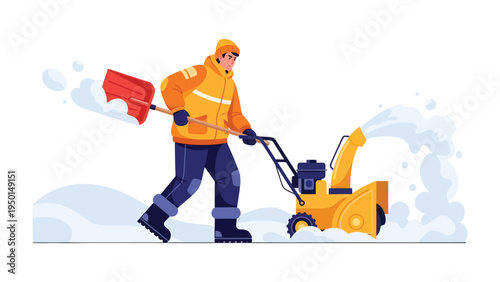 Winter Work: A diligent worker skillfully clears a snowy path using a snowblower, his determined effort shaping a clearer road in the midst of a winter landscape.