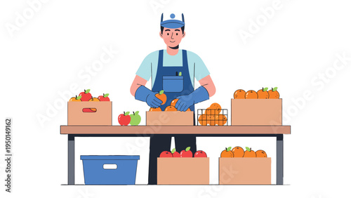 Orchard Worker's Harvest: An orchard worker meticulously sorts freshly picked oranges and apples, carefully arranging them into crates for distribution.
