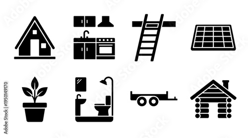 Sustainable Housing Vector Silhouette Icon Set Featuring House, Kitchen, Bunk Bed, Solar Panel, Plant, Bathroom, Tiny Home, and Log Cabin for Eco Living and Design Use