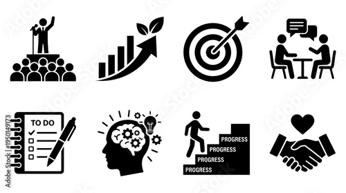 Business Development Vector Silhouette Icon Set Featuring Public Speaking, Growth Chart, Target, Communication, Checklist, Brain Innovation, Career Steps, and Handshake for Professional and Design Use