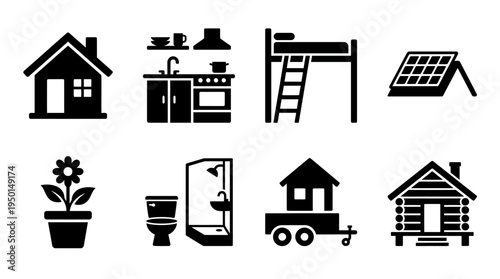 Sustainable Housing Vector Silhouette Icon Set Featuring House, Kitchen, Bunk Bed, Solar Panel, Plant, Bathroom, Tiny Home, and Log Cabin for Eco Living and Design Use