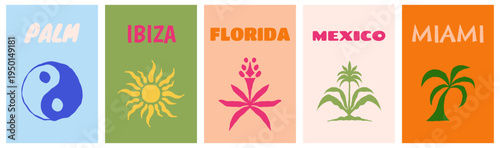 Vector set of cover design templates for travel vacation summer books, summer and sirf banners with hand drawn sketchy doodle illustrations in simple style